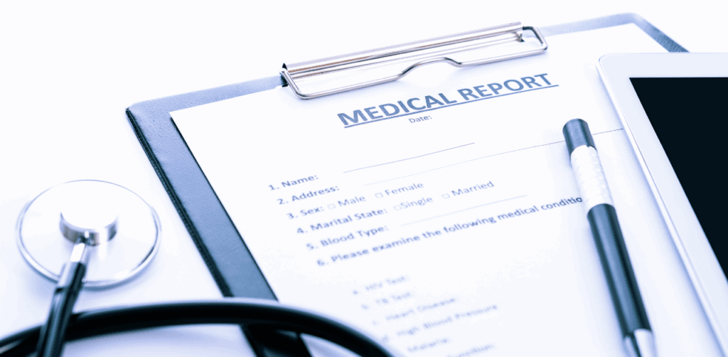 Blank medical report form with a stethoscope and pen, ready for patient details and health assessment