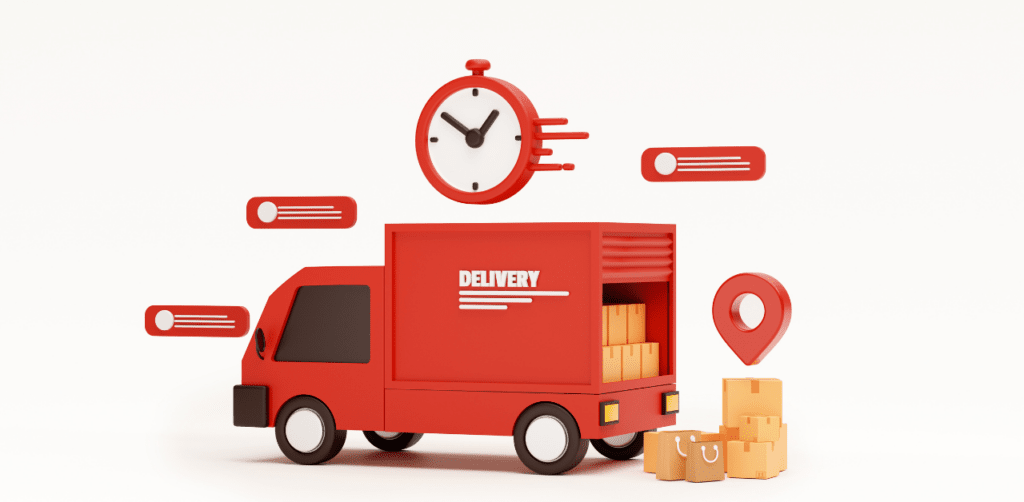 A red delivery truck with boxes inside, surrounded by icons of a clock, location marker, and package symbols