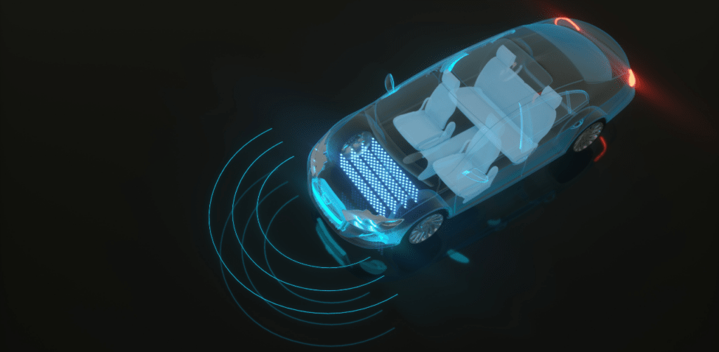 Futuristic electric car concept showing battery system and sensor waves, representing autonomous driving technology and EV innovation
