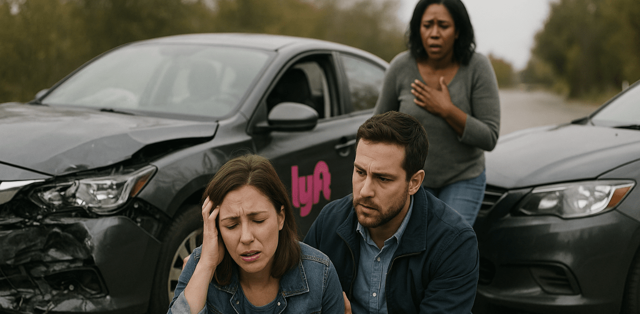 Emotional scene after Lyft car accident, with injured passengers and damaged vehicles highlighting legal urgency
